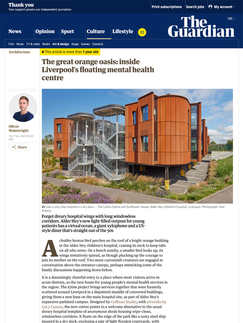 Screenshot of Guardian article by Oliver Wainwright about the children's mental health unit opened in 2023 at Alder Hey, including bronze sculptures and wayfinding signage by artist Lucy Casson.